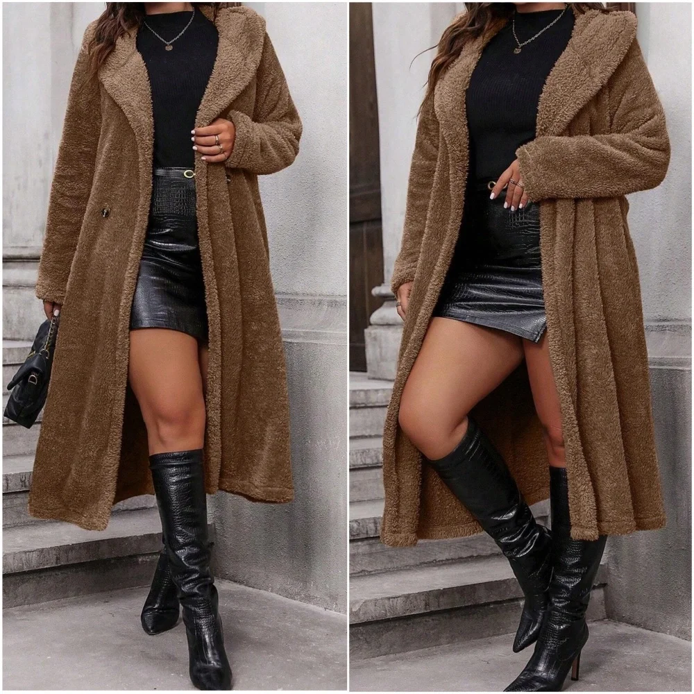 Plus Sherpa Teddy Button Hoodie Long Jacket Coat - Picture 2 of 5